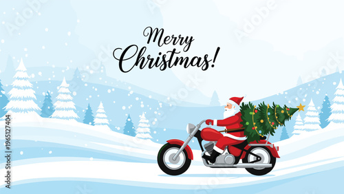 Fun holiday illustration of Santa Claus riding a red motorcycle and carrying a Christmas tree through snow.