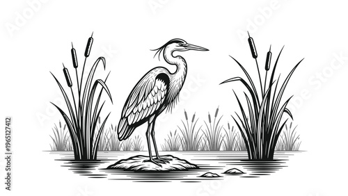 Elegant black and white woodcut style illustration of a heron standing gracefully in a marsh among tall reeds.