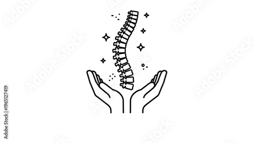 Minimalist line art icon of a human spine being gently supported by two hands with surrounding bright star sparkles.