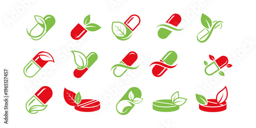 Natural medicine logo collection featuring capsule pills combined with green leaves