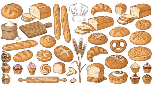 Comprehensive collection of hand drawn bakery items including various breads, flour bags, wheat stalks, and traditional kitchen utensils.
