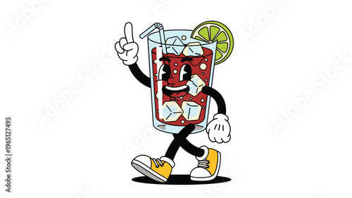 Vintage style cartoon character of a refreshing glass of soda with ice and a lime wedge walking happily with a nostalgic retro aesthetic.