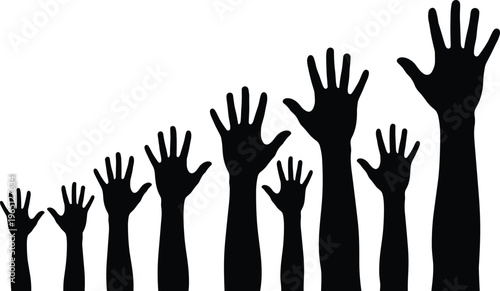 Black silhouette illustration of raised hands with fingers spread, participation concept, unity, volunteering, collective action, community support design