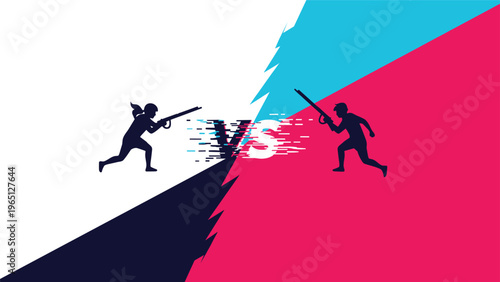 Action packed silhouette of two soldiers facing off in a versus match with a stylized glitch effect and vibrant blue and pink background.