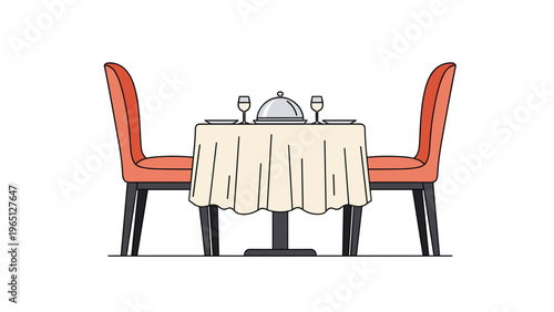 Elegant dining table set for a romantic dinner for two featuring red chairs, white tablecloth, wine glasses, and a silver food cloche.