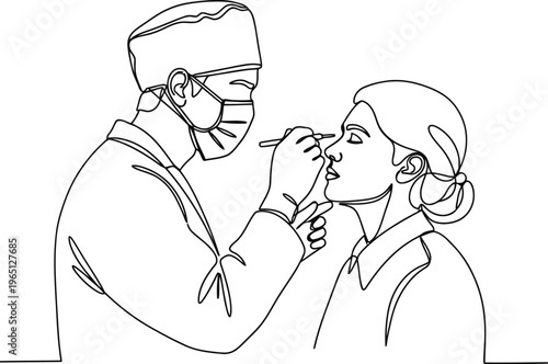 Doctor wearing mask examines patient s eye with instrument in line drawing