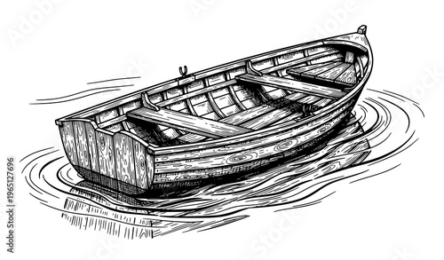 Wooden rowboat sketch black and white vintage boat illustration