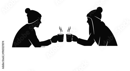 Two friends in winter hats toasting with steaming mugs on a cold day.