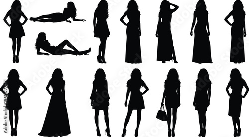 Black silhouette illustration of standing and reclining figures in dresses, skirts, gowns, and accessories, fashion design and posture concept