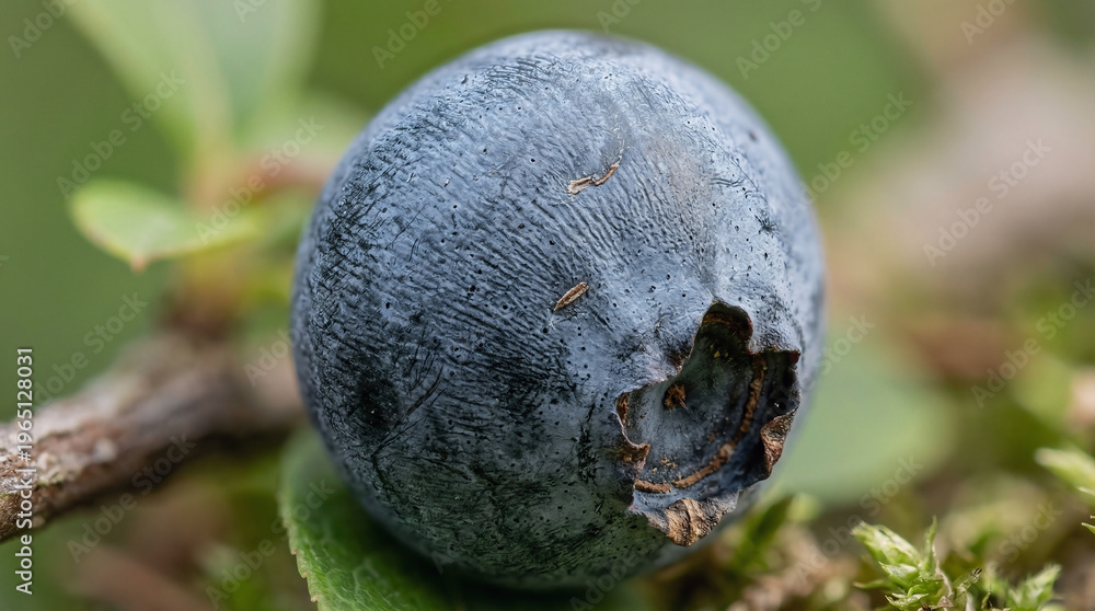 Obraz premium Close up of a ripe blueberry fruit with green foliage background