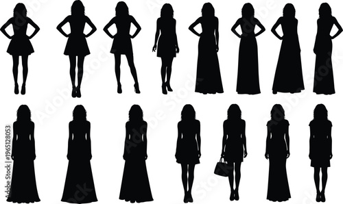 Black silhouette illustration of standing figures in various outfits, dresses, gowns, and accessories, fashion design and posture concept
