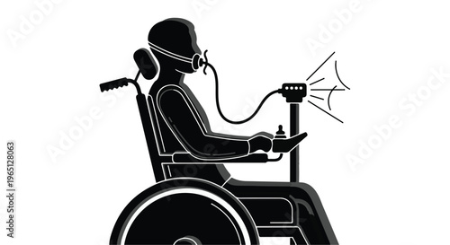 Person in wheelchair using assistive technology for communication and breathing support