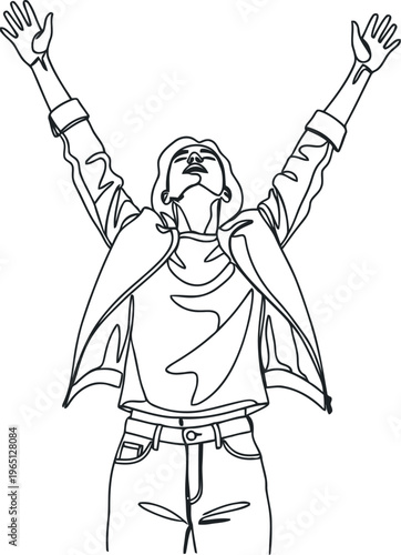 Triumphant individual with arms raised in celebration against a white background