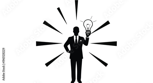 Businessman holding a glowing lightbulb, symbolizing a bright idea, surrounded by radiating lines.