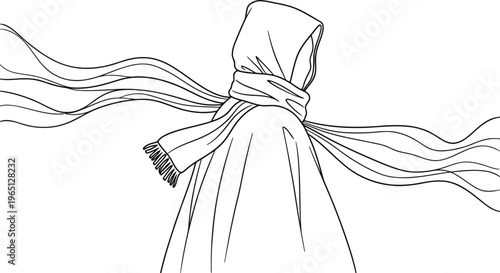 Stylized line art depicting a figure with flowing scarf or robes