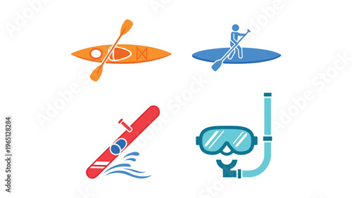 Four iconic water sports and recreational activities depicted with simple graphics
