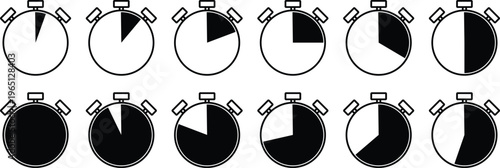 Set of 12 Minimalist Stopwatch Icons Showing Different Time Intervals and Progress Segments for Management, Productivity, and Performance Tracking.