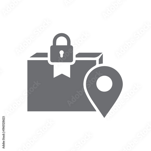 Gray shipping box icon features a padlock for security and a location pin indicating delivery tracking service.