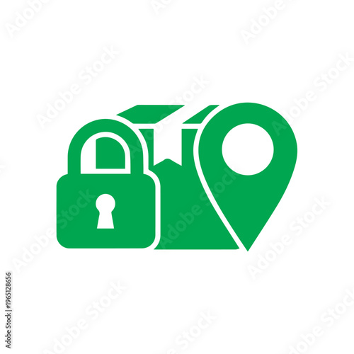 Vibrant green illustration features a padlock symbol overlapping a marked location pin beside a securely fastened shipping.