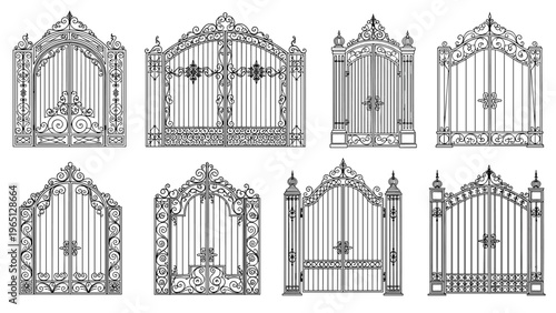 Hand drawn sketches of various elegant wrought iron gate designs featuring ornate patterns and decorative metalwork details.