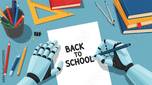 Futuristic robot hands writing back to school on a piece of paper surrounded by various school supplies like pencils and books.