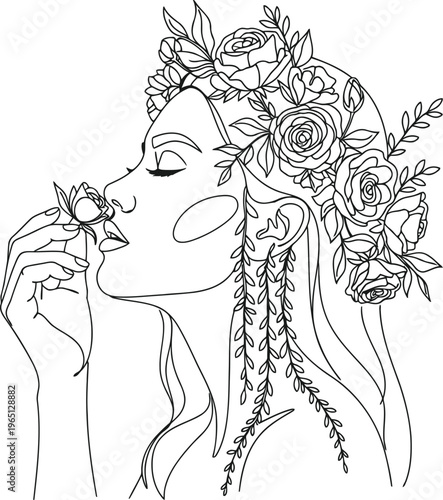 Elegant woman with elaborate floral headdress and flowing garments