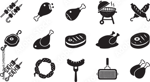 Assortment of grilled meat and barbecue items. vector silhouettes of steaks, sausages, chicken, skewers, and a grill.
