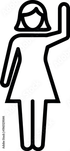 Simple line art icon of a woman raising her hand in a white background