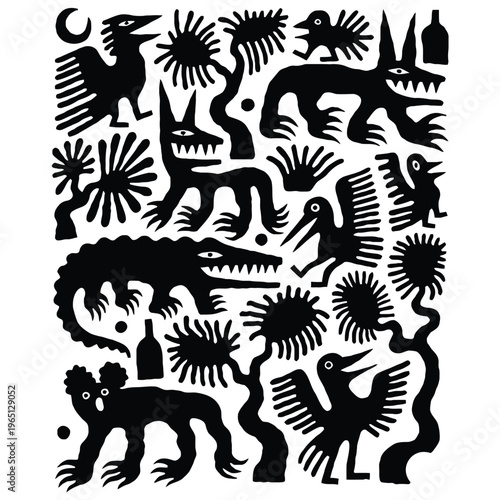 Abstract Silhouettes of Mythical Creatures and Organic Shapes in Black and White