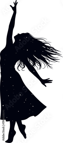 Silhouette of a graceful dancer reaching upwards with flowing hair