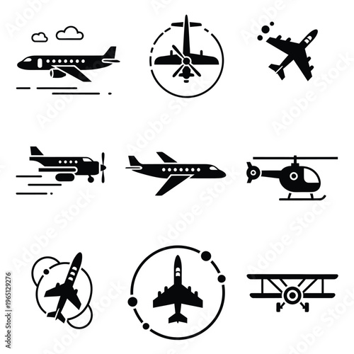 Modern monochrome aviation icons depicting diverse aircraft, including sleek jets, propeller planes, and helicopters, representing air travel concepts and transportation