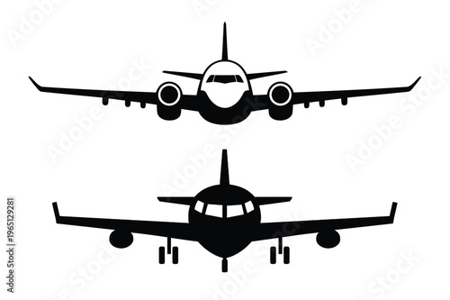 Front view silhouettes of two modern passenger airplanes on white background, illustration