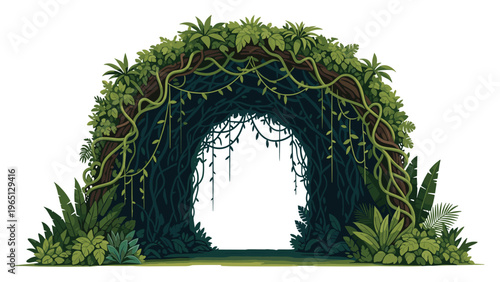 Lush tropical jungle archway made of dense green vines, exotic leaves, and rainforest plants isolated on a white background.