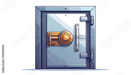 Cartoon illustration of a closed blue steel bank vault door with a golden lock