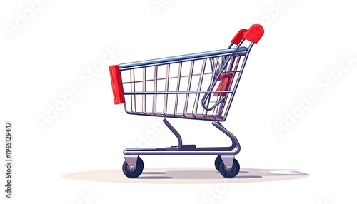 Cartoon shopping cart illustration in red and gray on white; retail and grocery concept