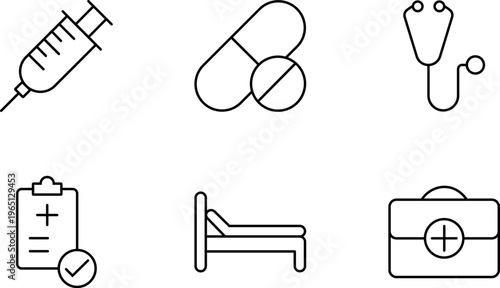 Medical Healthcare Icons Set — Line Art Syringe, Pills, Stethoscope, Clipboard, Hospital Bed, Medical Kit