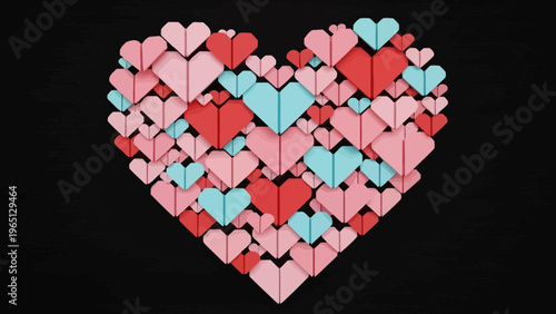 Colorful Origami Heart Composition with Red, Pink, and Blue Paper Hearts