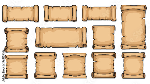 Set of old parchment paper scrolls in different shapes and sizes with torn edges for a historical or fantasy themed design project.