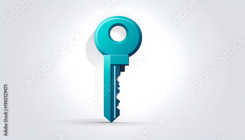 Cartoon turquoise key with hole and 3D effect on gray gradient background for design asset