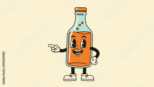 Retro cartoon glass bottle character filled with orange soda pointing with one hand and smiling in a classic vintage animation style.