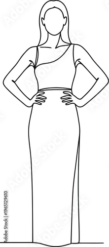 Elegant line drawing of a woman in a flowing floor length gown