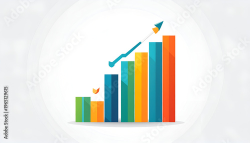 Colorful bar graph showing upward trend with blue arrow; stock vector illustration