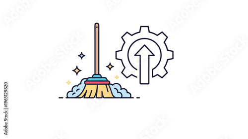 Industrial cleaning and maintenance icon showing a broom sweeping dust next to a gear symbol with a rising arrow.