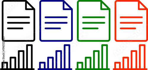 Document icons and bar graph charts in black blue green and red for reports and analytics
