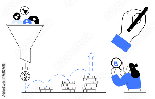 Lead generation concept. Lead generation focuses on turning prospects into customers, boosting financial success, and analyzing business strategies. For marketing, finance, analytics, business tools