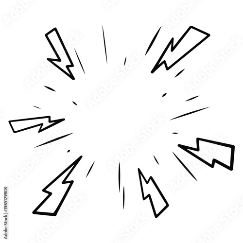 Dynamic hand-drawn comic style burst graphic with radiating lightning bolts, symbolizing energy, impact, and a sudden flash of power or surprise