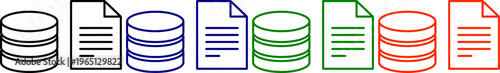 Database icons in black blue green and red for digital information storage and data management