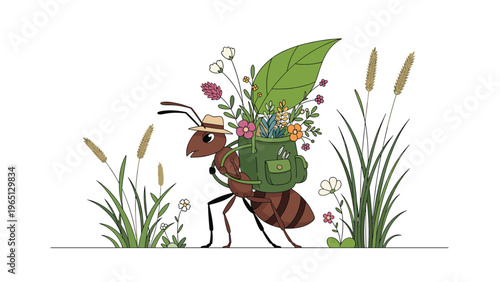 Adorable cartoon ant wearing a sun hat and carrying a backpack full of colorful wildflowers through tall blades of grass.