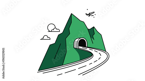 Scenic illustration of a winding road entering a tunnel through a green mountain with a sun and airplane in the sky.