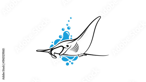Artistic line drawing of a manta ray swimming through ocean water surrounded by stylized blue bubbles and splashes.